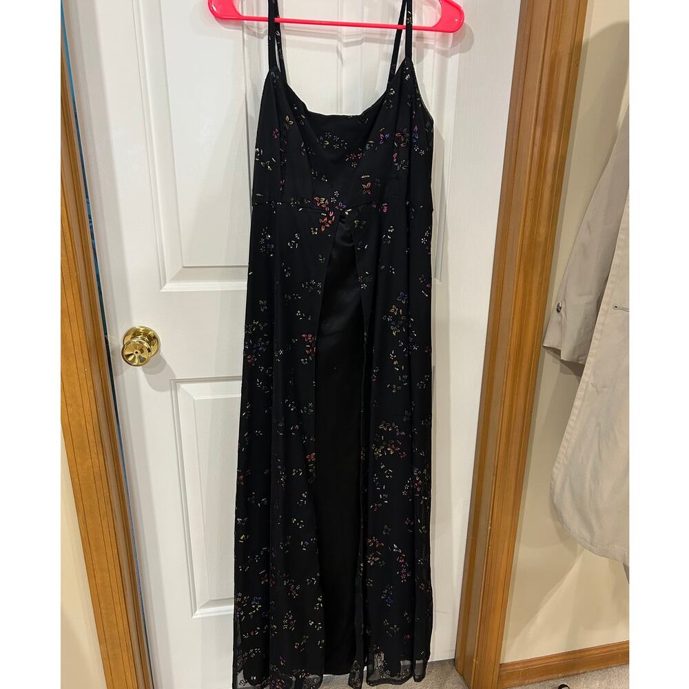 Maxi flowy floral print slipdress front slit spaghetti strap